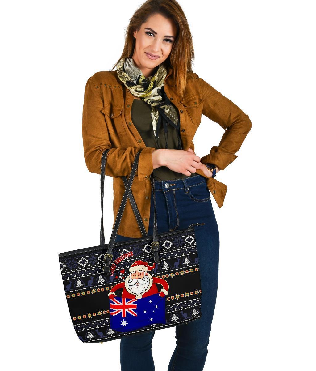 christmas-leather-tote-bag-australia-santa-claus-hold-the-flag-black