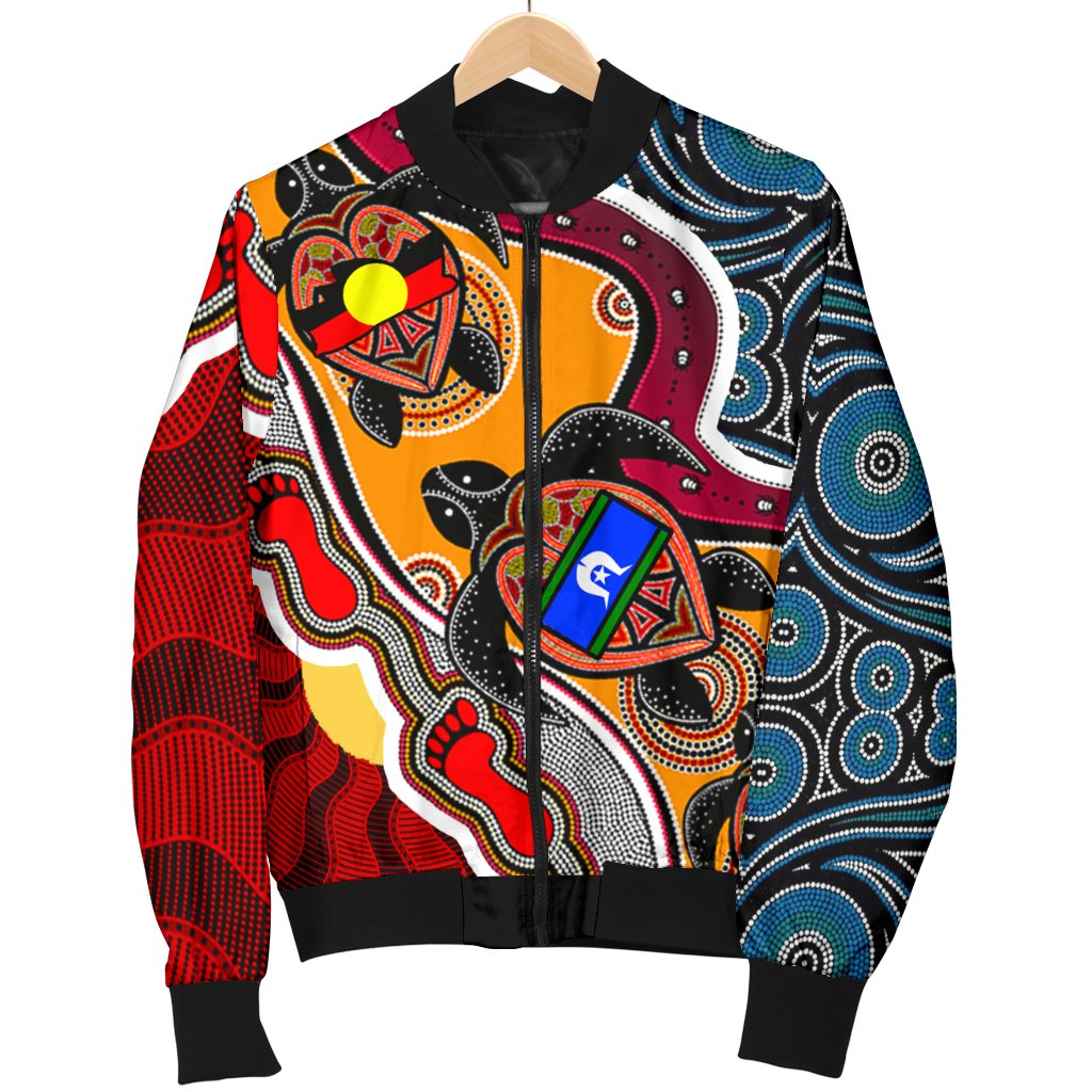 womens-bomber-jacket-australia-aboriginal-dots-with-turtle-and-naidoc-flags