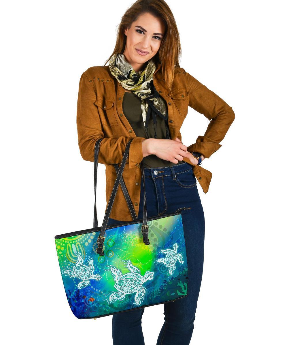 aboriginal-large-leather-tote-bags-indigenous-turtle-ocean-dot-painting-art