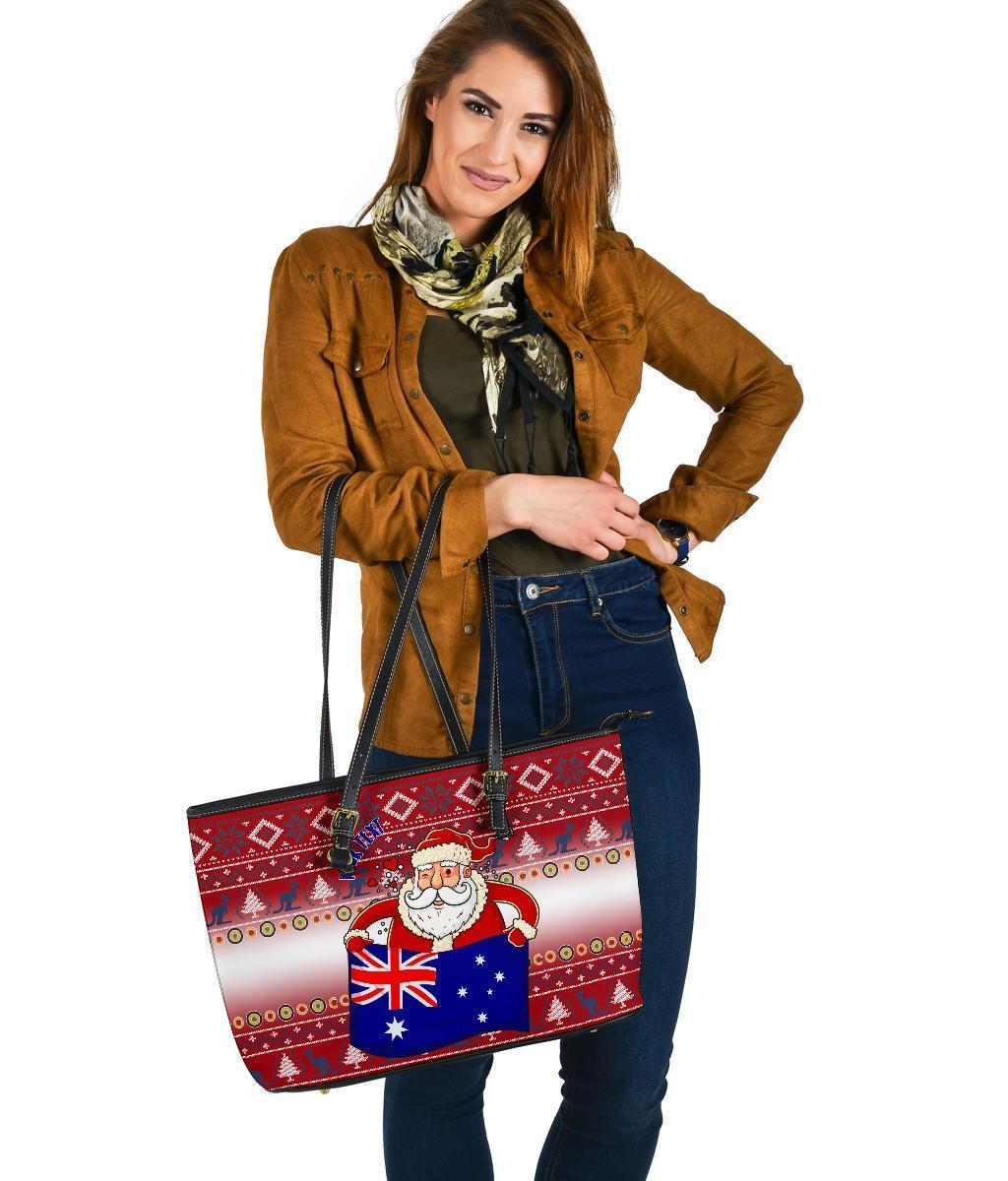 christmas-personalised-large-leather-tote-bags-australia-santa-claus-hold-the-flag-red