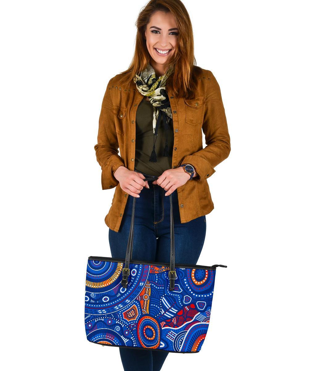 aboriginal-large-leather-tote-bags-indigenous-footprint-patterns-blue-color