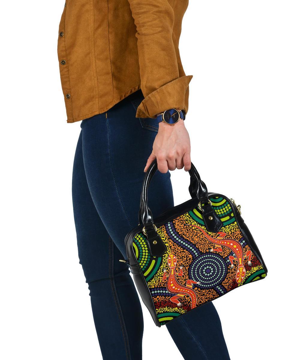 1st Australia Shoulder Handbag - Aboriginal Two Lizards Dot Painting Circle - Vibe Hoodie