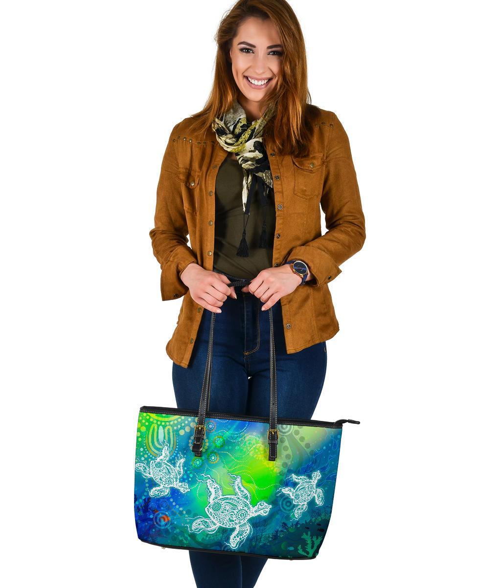 aboriginal-large-leather-tote-bags-indigenous-turtle-ocean-dot-painting-art