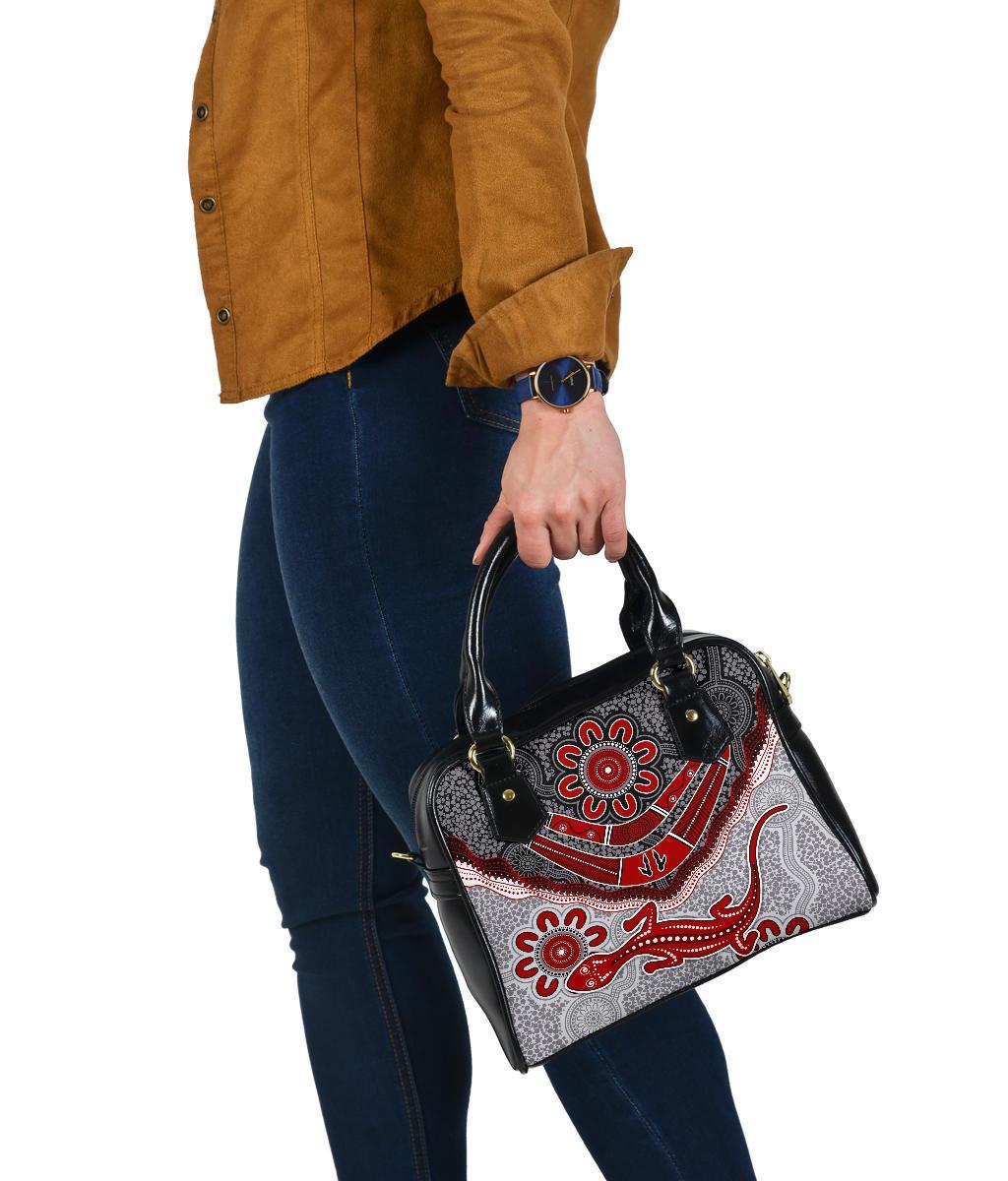 Aboriginal Shoulder Handbag - Indigenous Boomerang and Lizard Art - Vibe Hoodie