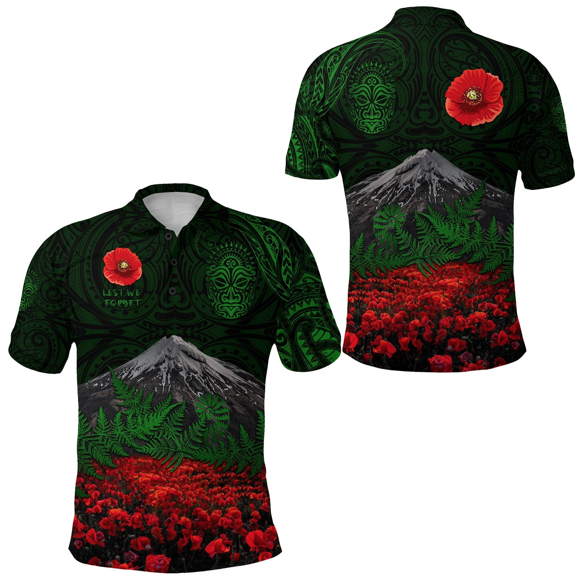 warriors-rugby-polo-shirt-new-zealand-mount-taranaki-with-poppy-flowers-anzac-vibes-green-3