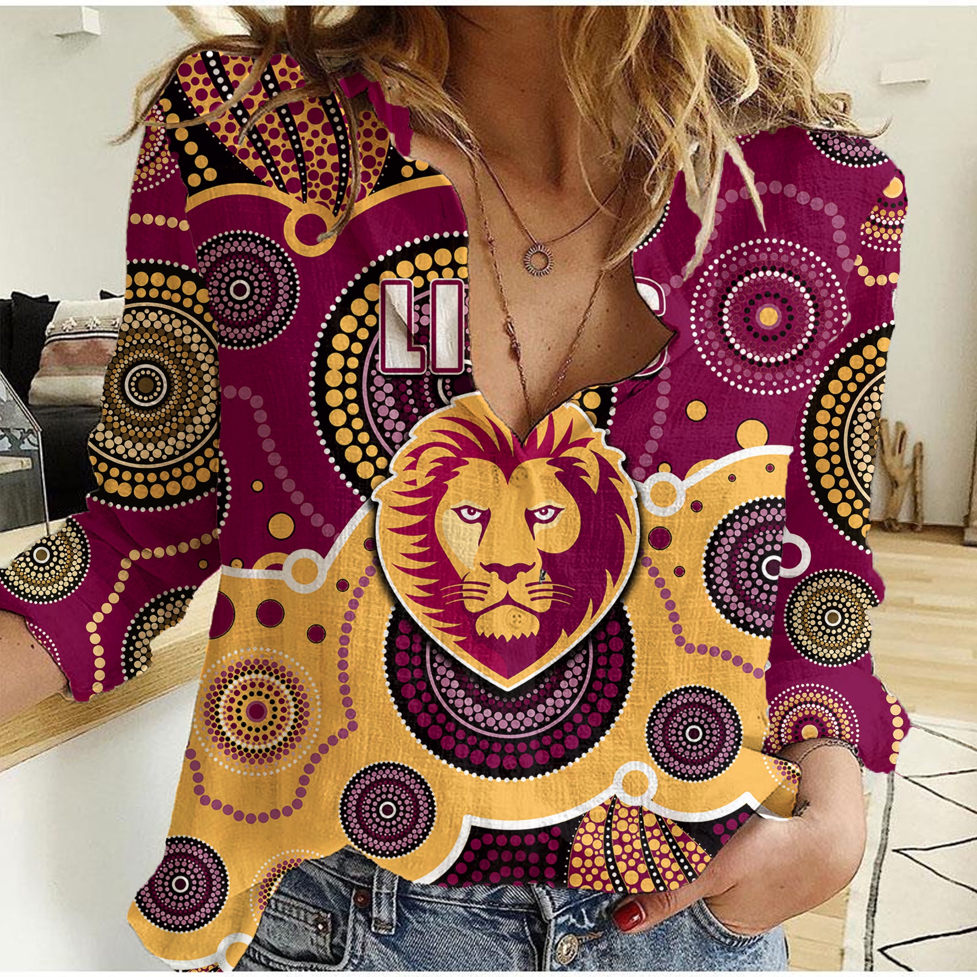 custom-personalised-and-number-lions-afl-women-casual-shirt-aboriginal-patterns