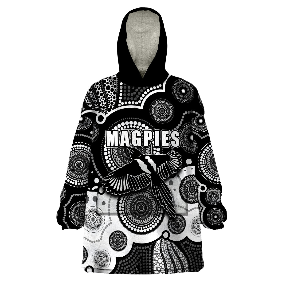 custom-personalised-and-number-magpies-afl-wearable-blanket-hoodie-aboriginal-patterns