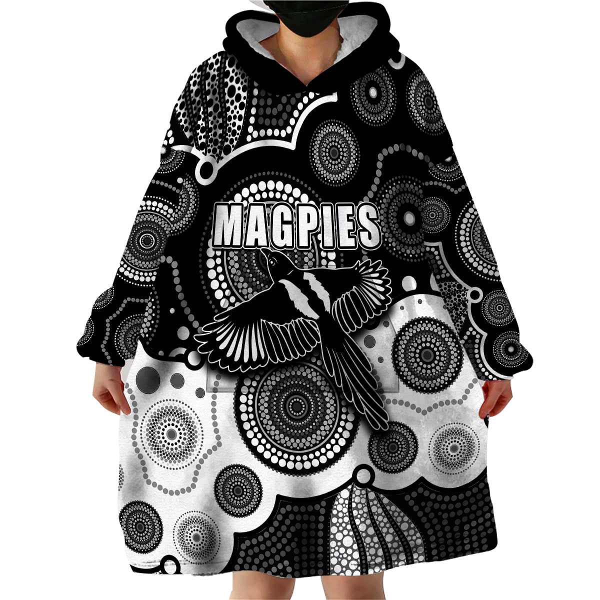 custom-personalised-and-number-magpies-afl-wearable-blanket-hoodie-aboriginal-patterns