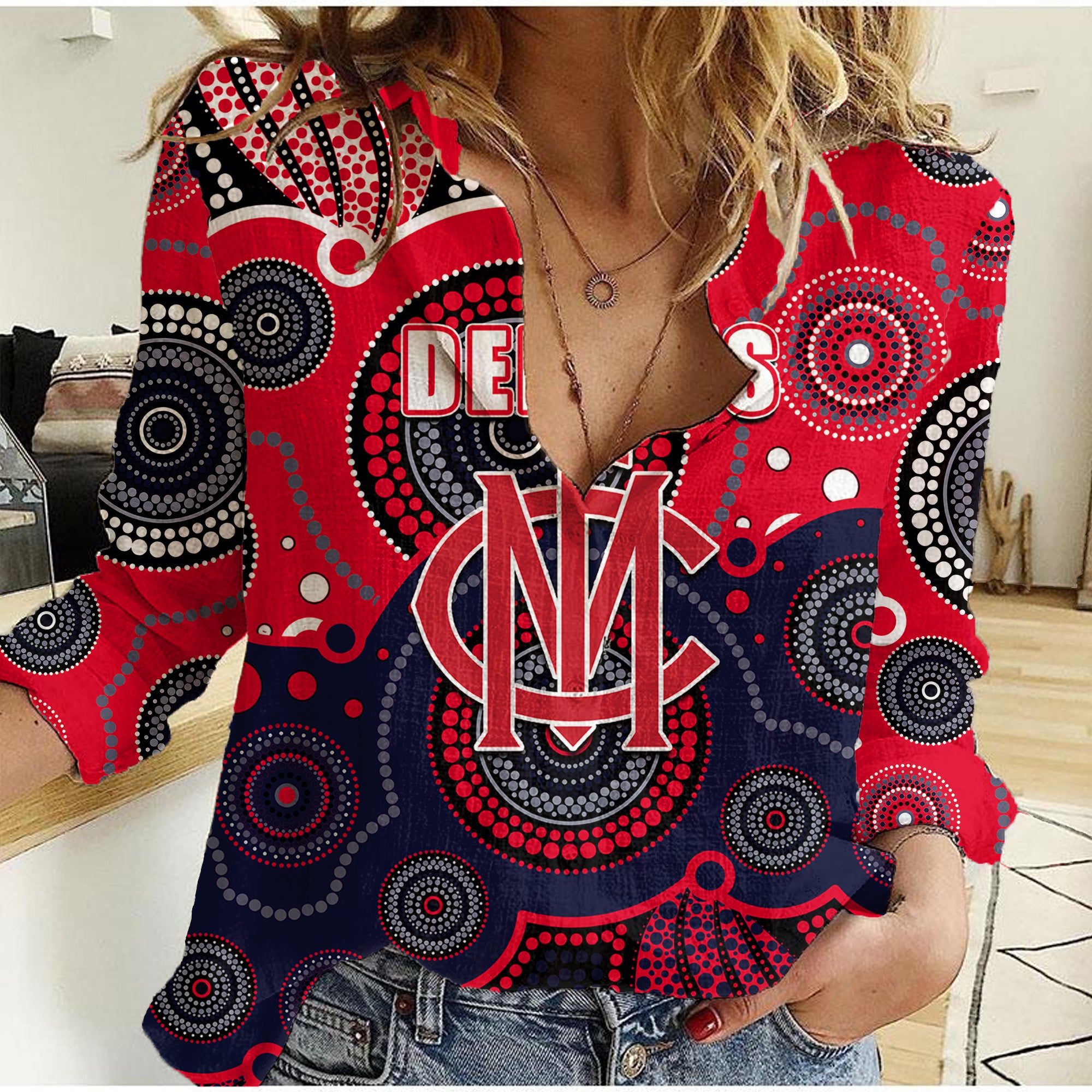 custom-personalised-and-number-demons-afl-women-casual-shirt-aboriginal-patterns