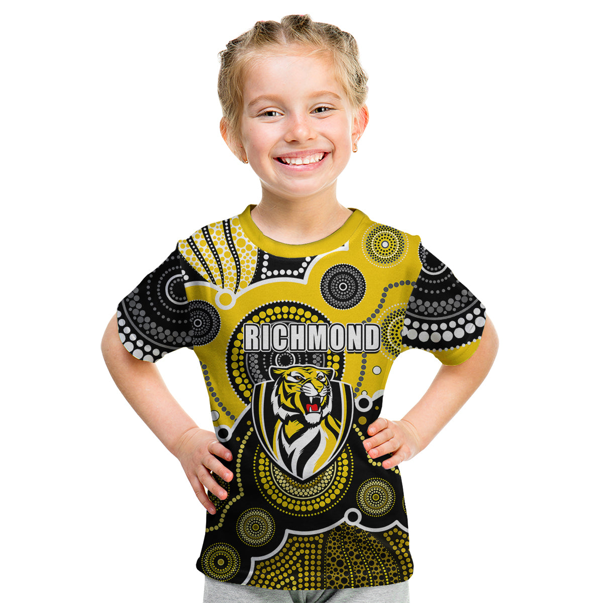 custom-personalised-and-number-yellow-afl-kid-t-shirt-aboriginal-patterns