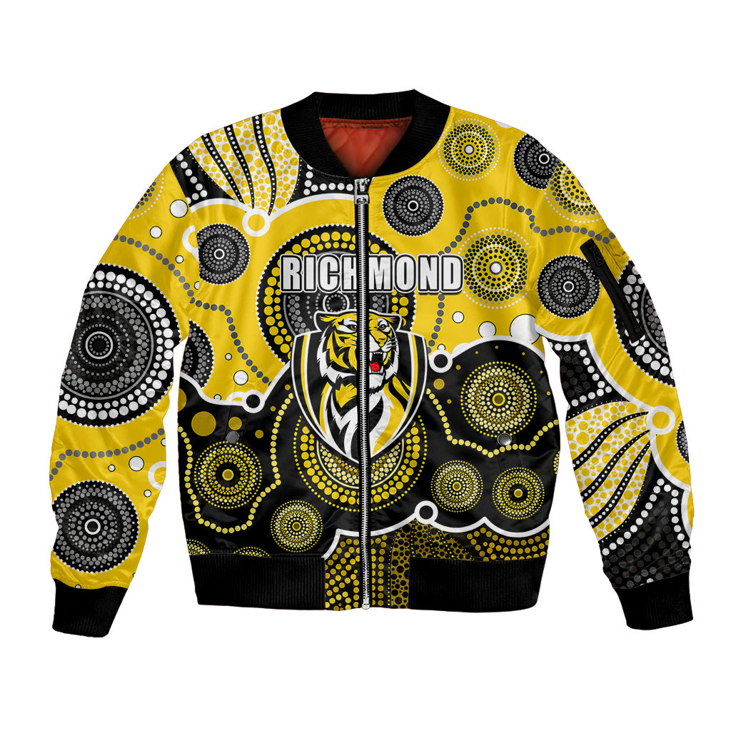 custom-personalised-and-number-yellow-afl-sleeve-zip-bomber-jacket-aboriginal-patterns