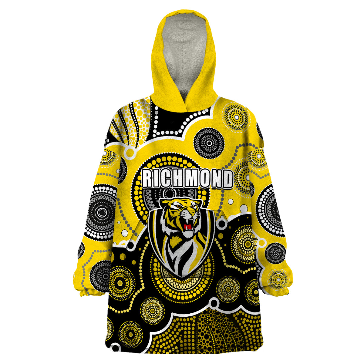 custom-personalised-and-number-yellow-afl-wearable-blanket-hoodie-aboriginal-patterns