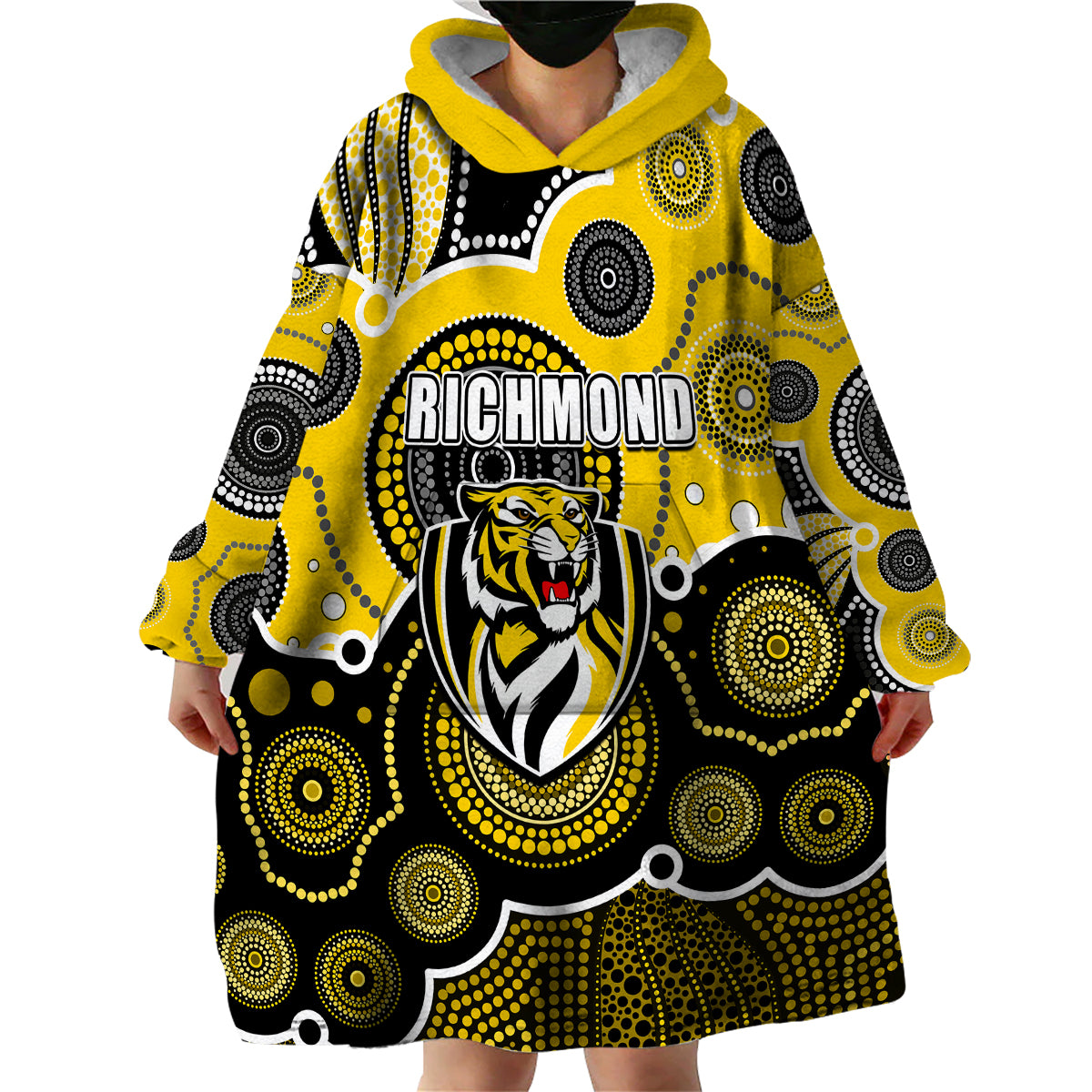 custom-personalised-and-number-yellow-afl-wearable-blanket-hoodie-aboriginal-patterns