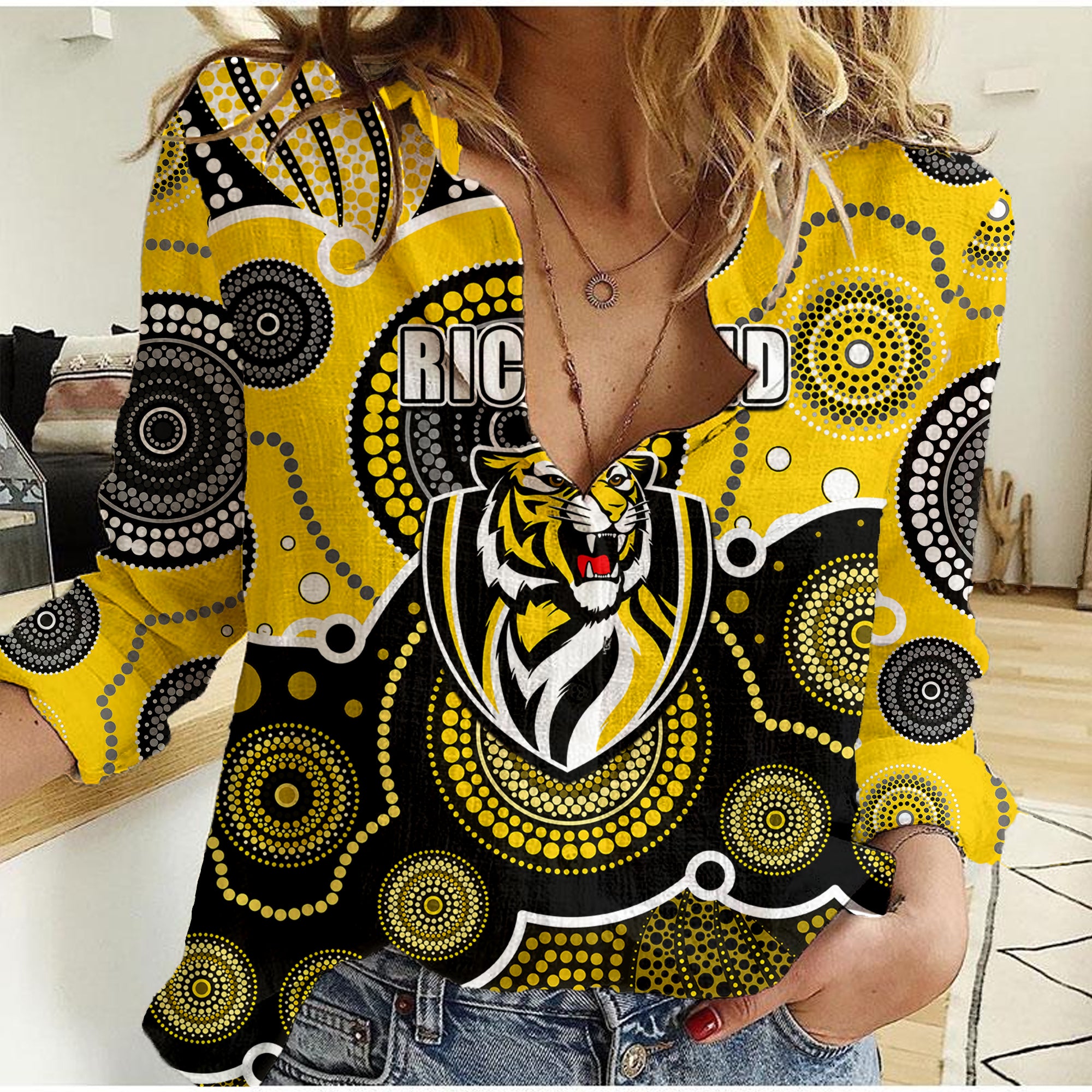 custom-personalised-and-number-yellow-afl-women-casual-shirt-aboriginal-patterns