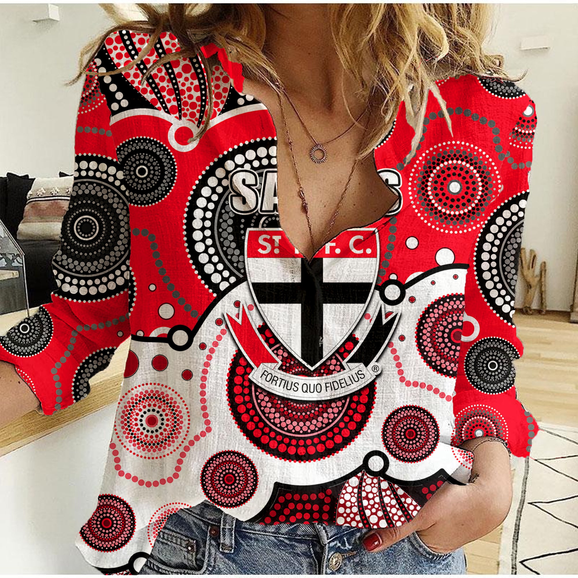 custom-personalised-and-number-saints-afl-women-casual-shirt-aboriginal-patterns