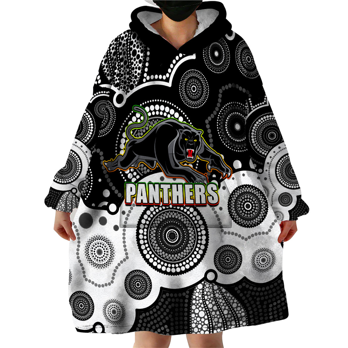 custom-personalised-and-number-panthers-nrl-wearable-blanket-hoodie-aboriginal-patterns