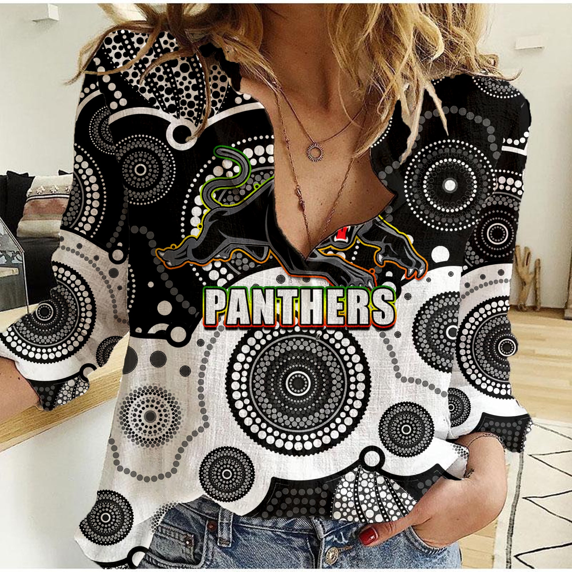 custom-personalised-and-number-panthers-nrl-women-casual-shirt-aboriginal-patterns