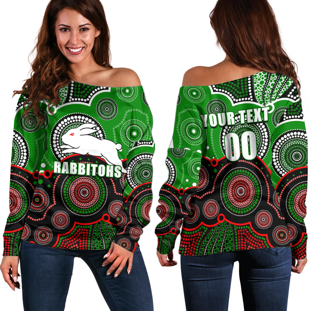 custom-personalised-and-number-rabbitohs-nrl-off-shoulder-sweater-aboriginal-patterns