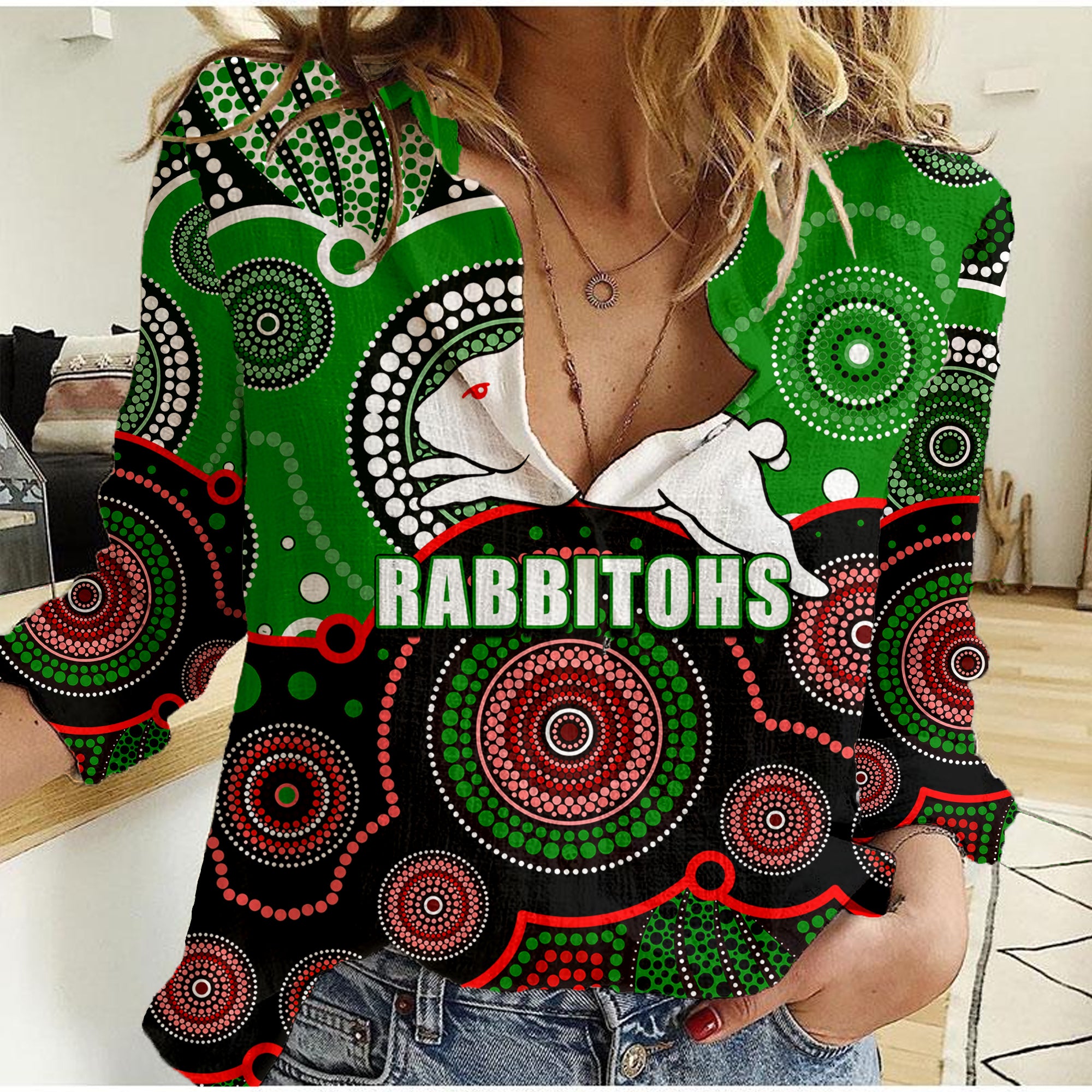 custom-personalised-and-number-rabbitohs-nrl-women-casual-shirt-aboriginal-patterns