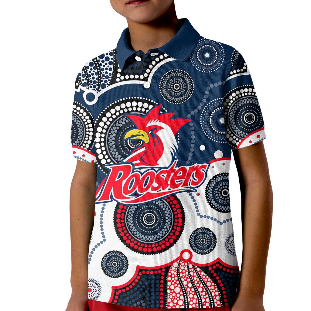 custom-personalised-and-number-roosters-nrl-kid-polo-shirt-aboriginal-patterns