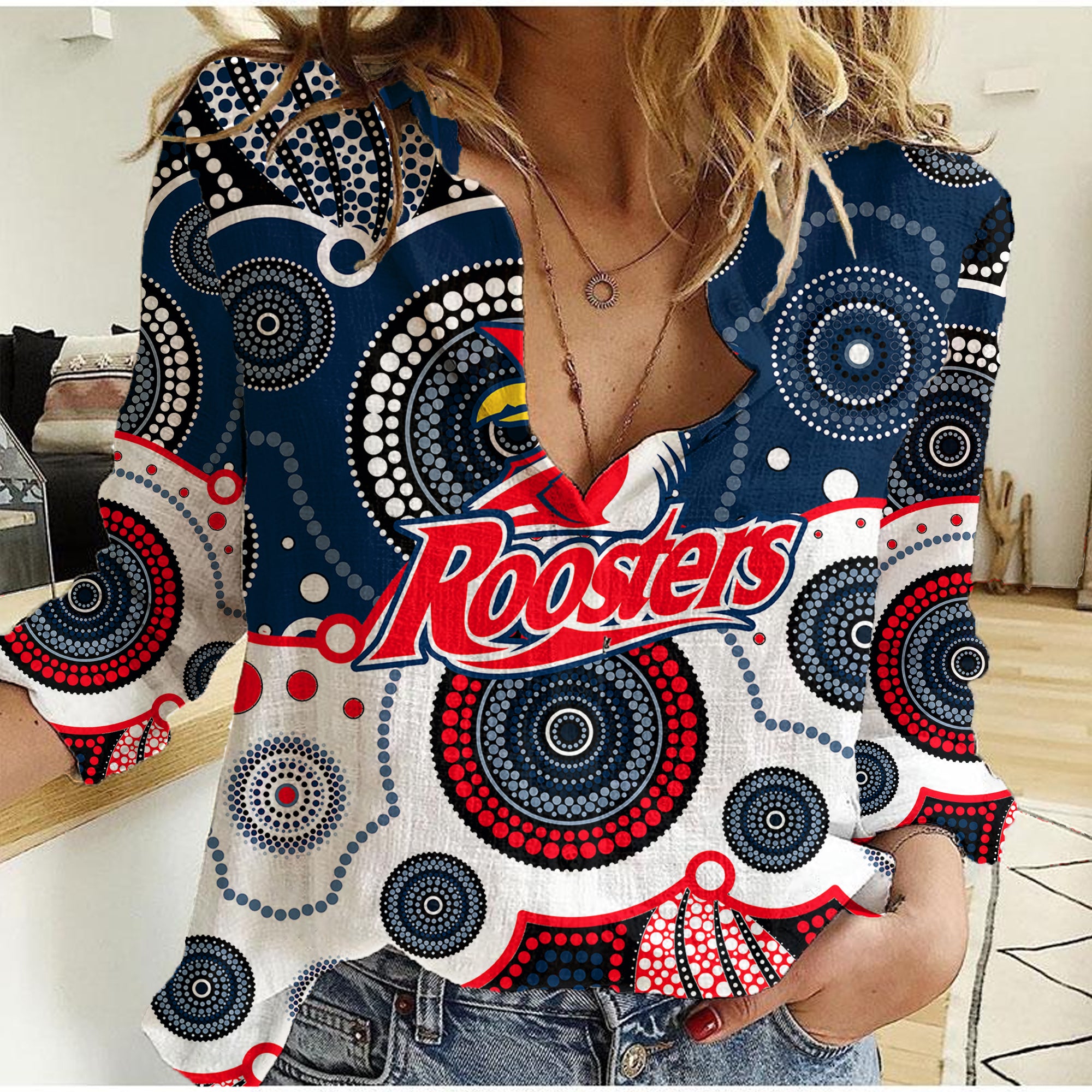 custom-personalised-and-number-roosters-nrl-women-casual-shirt-aboriginal-patterns