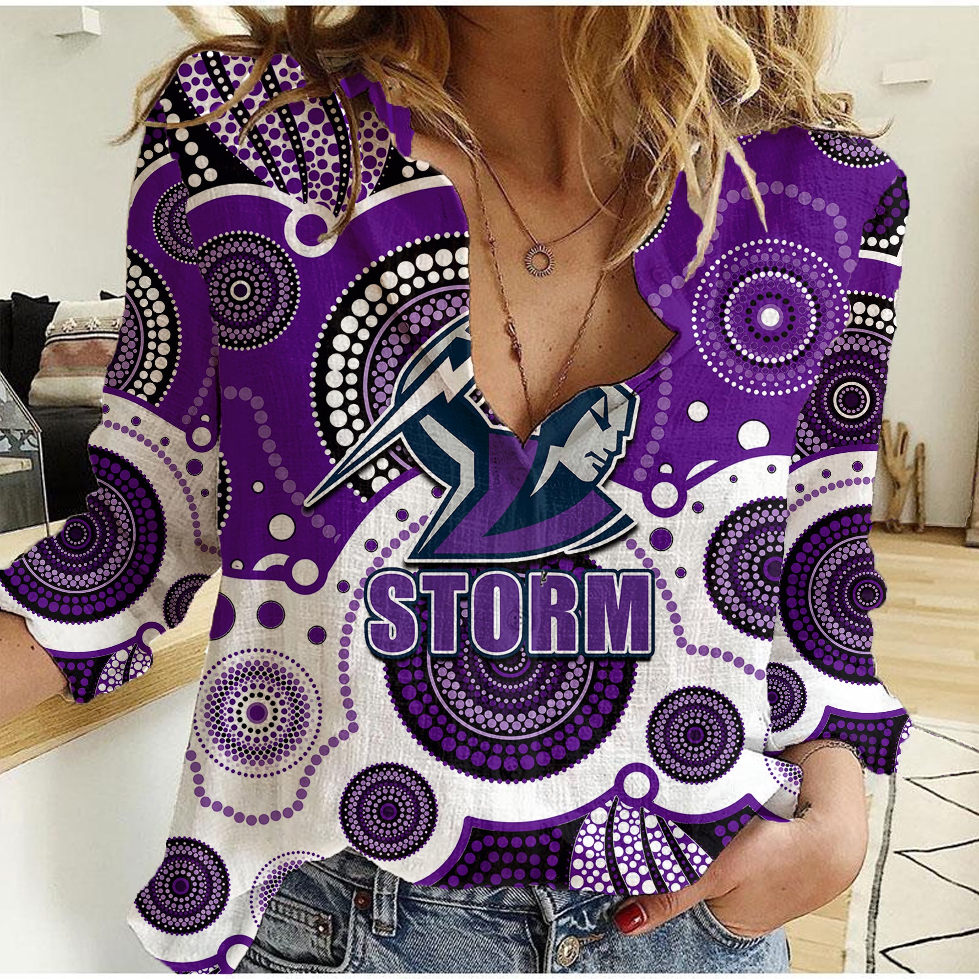 custom-personalised-and-number-storm-nrl-women-casual-shirt-aboriginal-patterns