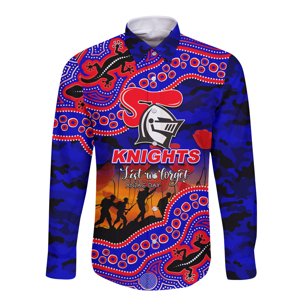 custom-personalised-anzac-day-nrl-knights-long-sleeve-button-shirt-aboriginal-lizard-patterns