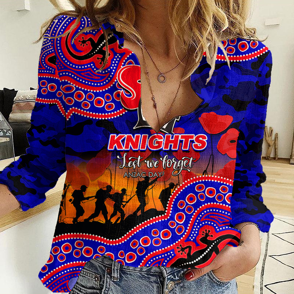 custom-personalised-anzac-day-nrl-knights-women-casual-shirt-aboriginal-lizard-patterns