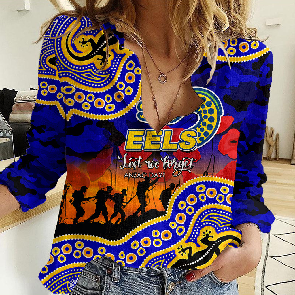 custom-personalised-anzac-day-nrl-eels-women-casual-shirt-aboriginal-lizard-patterns