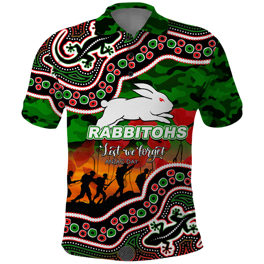 custom-personalised-anzac-day-nrl-rabbitohs-polo-shirt-aboriginal-lizard-patterns