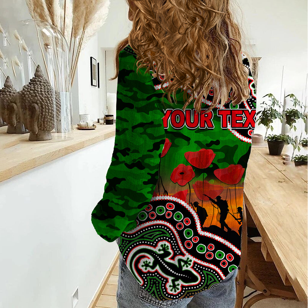 custom-personalised-anzac-day-nrl-rabbitohs-women-casual-shirt-aboriginal-lizard-patterns