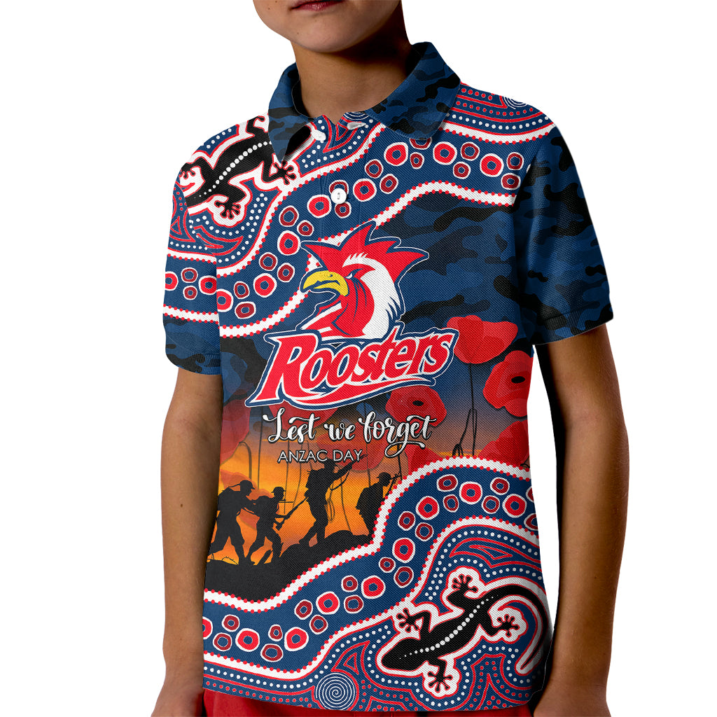 custom-personalised-anzac-day-nrl-rooster-kid-polo-shirt-aboriginal-lizard-patterns