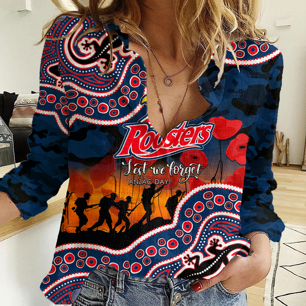 custom-personalised-anzac-day-nrl-rooster-women-casual-shirt-aboriginal-lizard-patterns