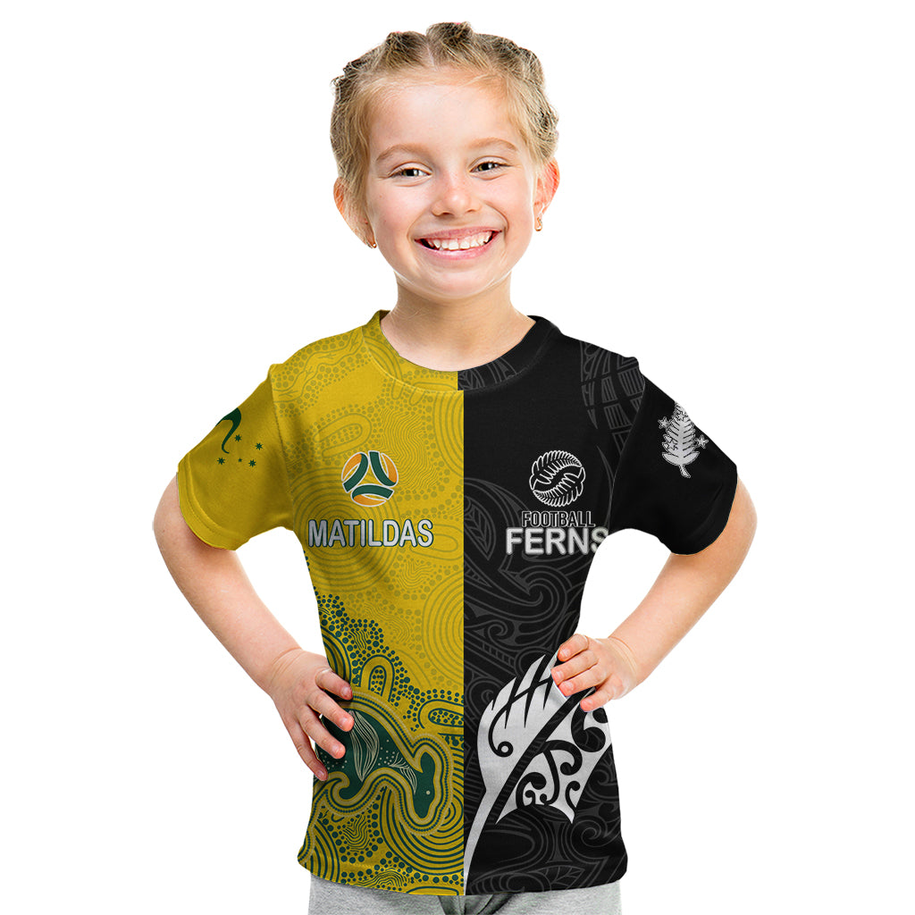 personalised-matildas-mix-football-ferns-kid-t-shirt-2023-world-cup-aboriginal-tribal-style