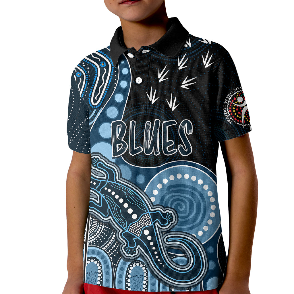 personalised-naidoc-week-2023-afl-blues-kid-polo-shirt-aboriginal-dot-art-lizard-mix-boomerang