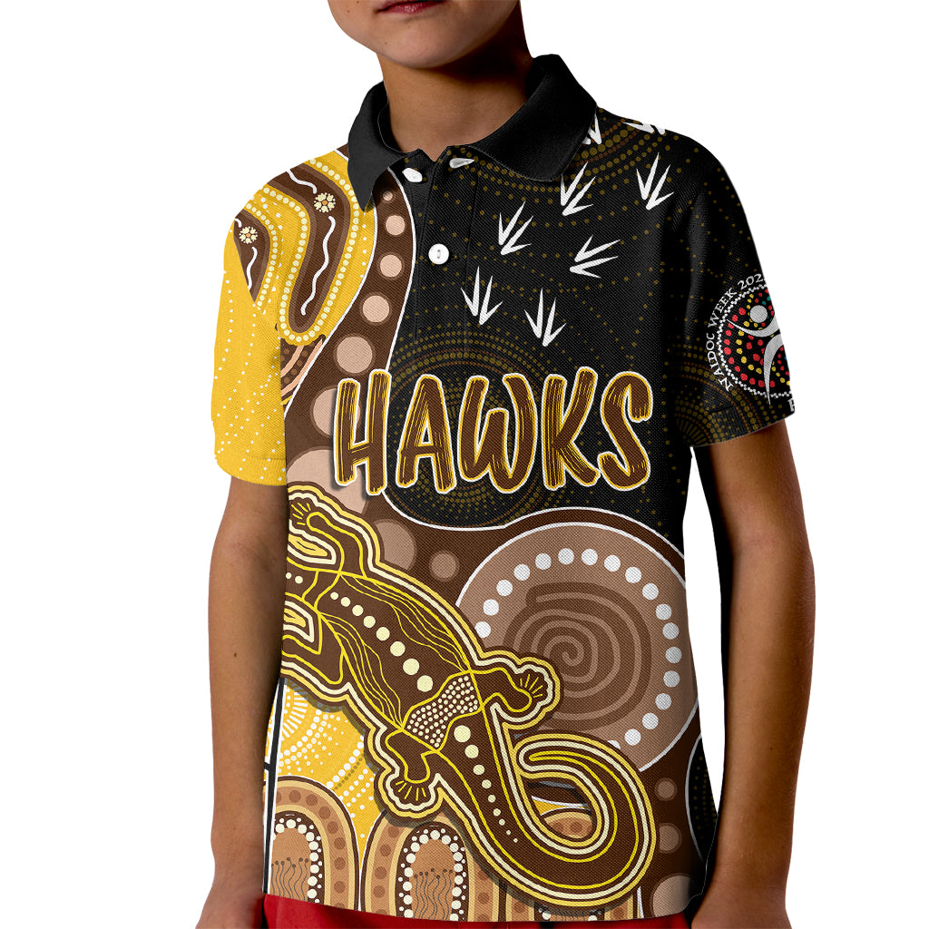 personalised-naidoc-week-2023-afl-hawks-kid-polo-shirt-aboriginal-dot-art-lizard-mix-boomerang