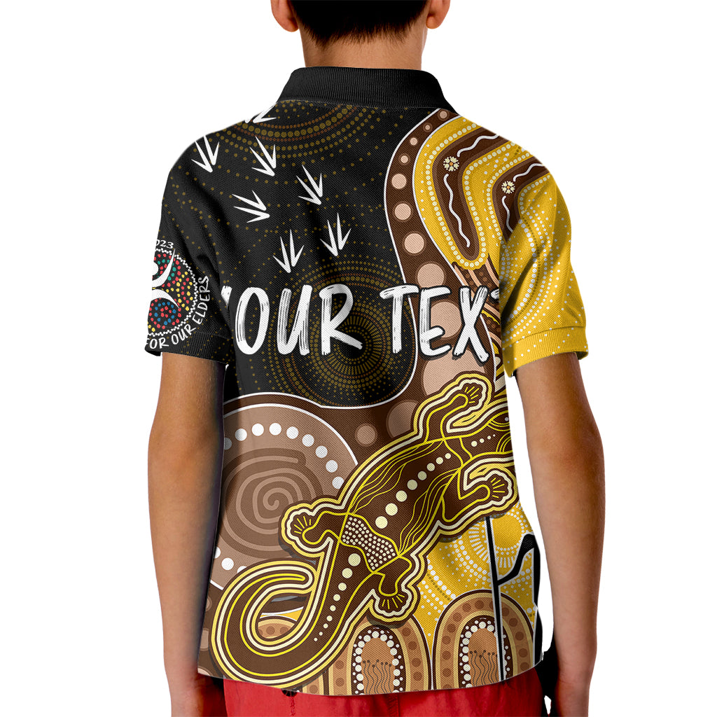 personalised-naidoc-week-2023-afl-hawks-kid-polo-shirt-aboriginal-dot-art-lizard-mix-boomerang