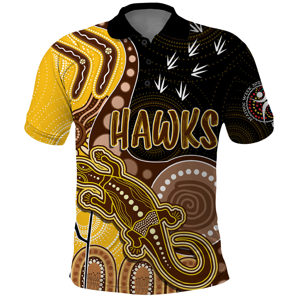 personalised-naidoc-week-2023-afl-hawks-polo-shirt-aboriginal-dot-art-lizard-mix-boomerang