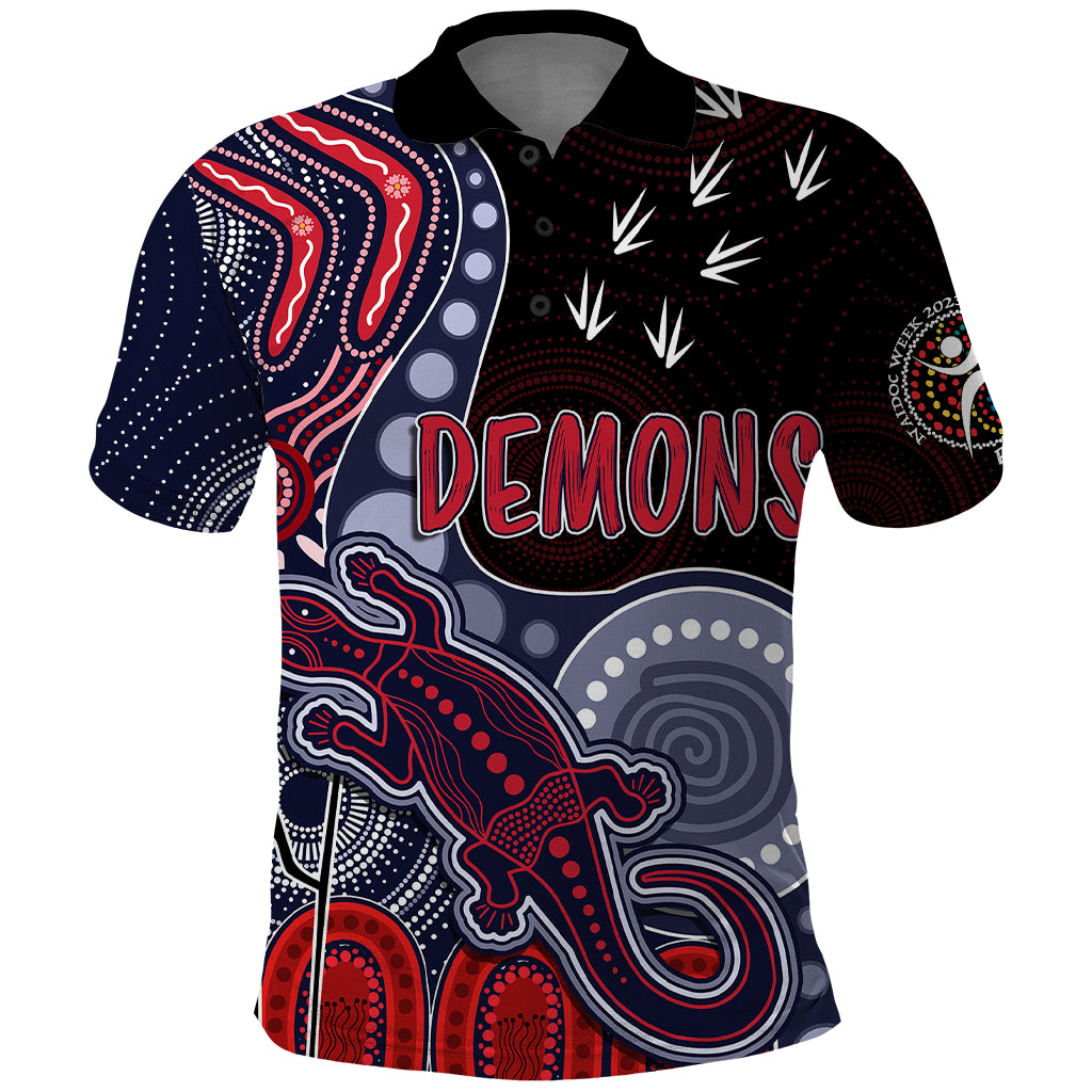 personalised-naidoc-week-2023-afl-demons-polo-shirt-aboriginal-dot-art-lizard-mix-boomerang