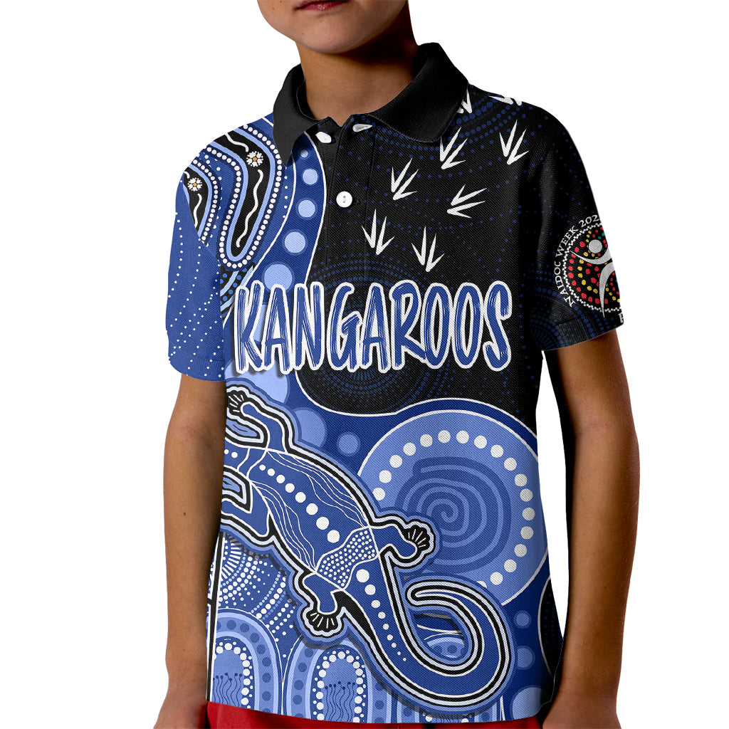 personalised-naidoc-week-2023-afl-kangaroos-kid-polo-shirt-aboriginal-dot-art-lizard-mix-boomerang