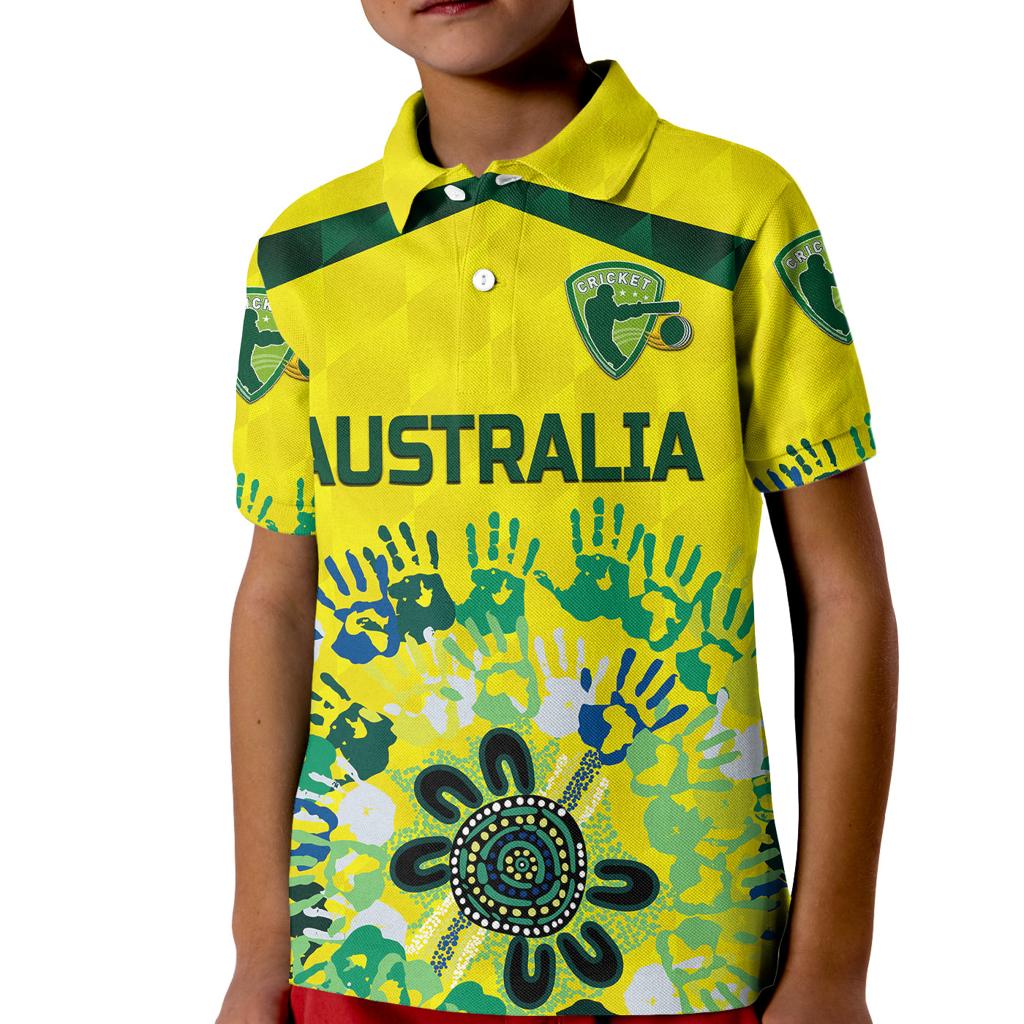 custom-personalised-australia-cricket-kid-polo-shirt-aboriginal-style-unique-yellow