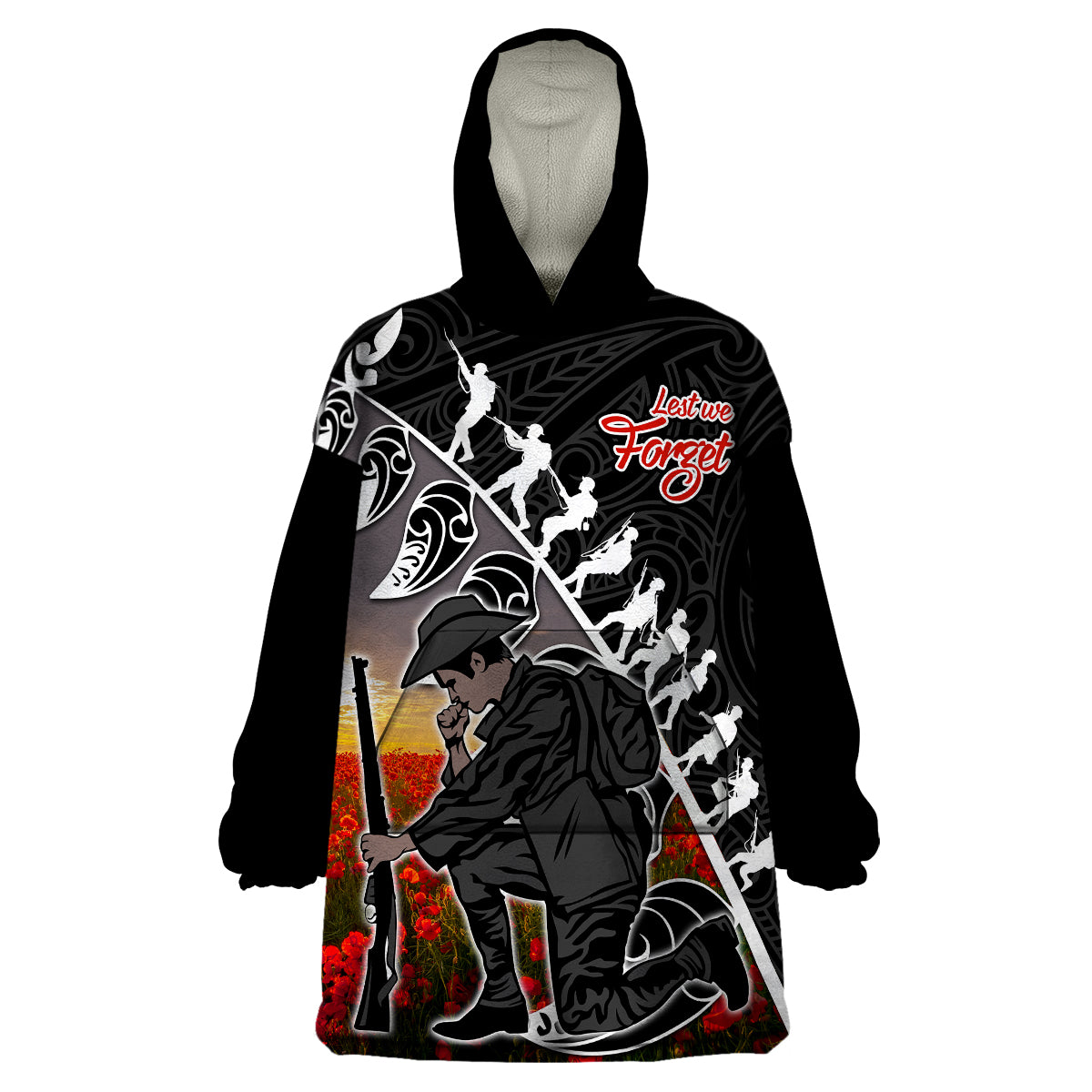 custom-personalised-aotearoa-anzac-day-wearable-blanket-hoodie-maori-fern-with-poppy-vibe