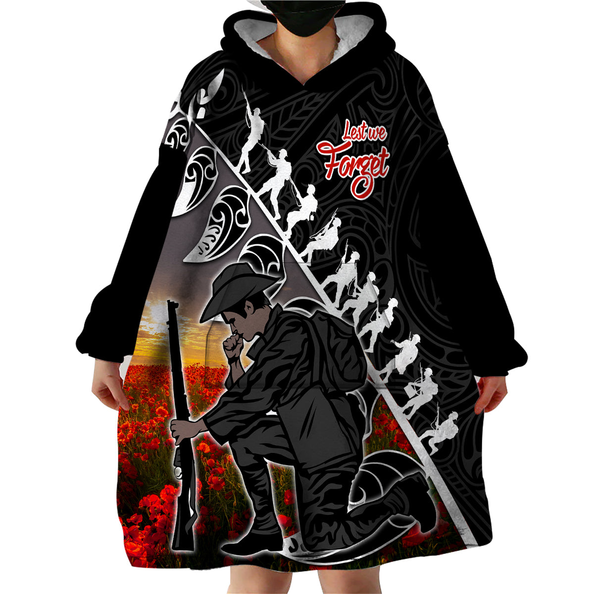 custom-personalised-aotearoa-anzac-day-wearable-blanket-hoodie-maori-fern-with-poppy-vibe