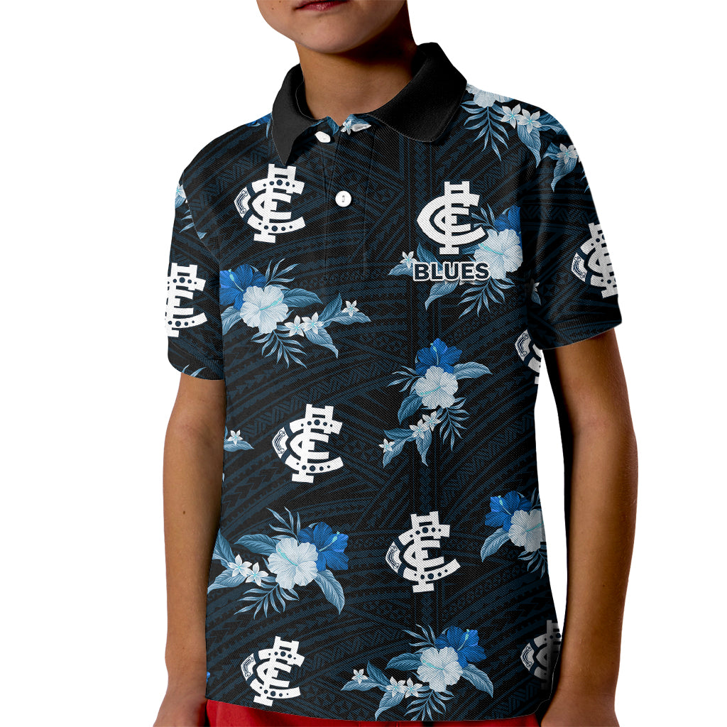 custom-text-and-number-carlton-football-kid-polo-shirt-blues-polynesian-tribal-mix-tropical-hawaiian-style