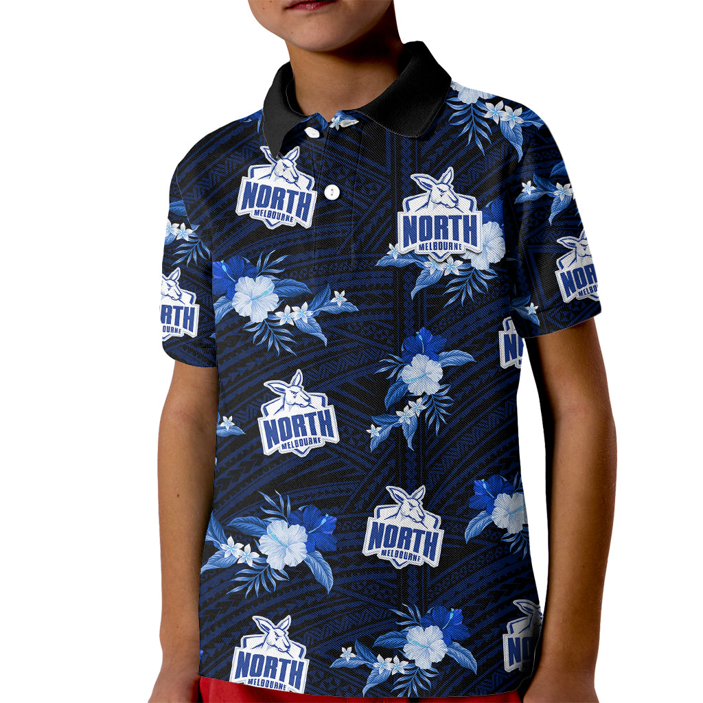 custom-text-and-number-north-melbourne-football-kid-polo-shirt-kangaroos-polynesian-tribal-mix-tropical-hawaiian-style