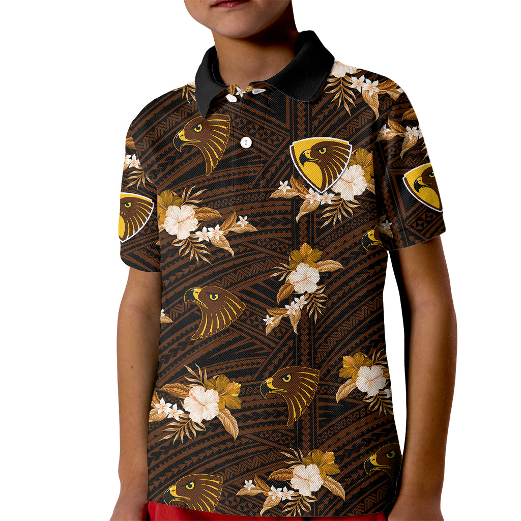 custom-text-and-number-hawthorn-football-kid-polo-shirt-hawks-polynesian-tribal-mix-tropical-hawaiian-style