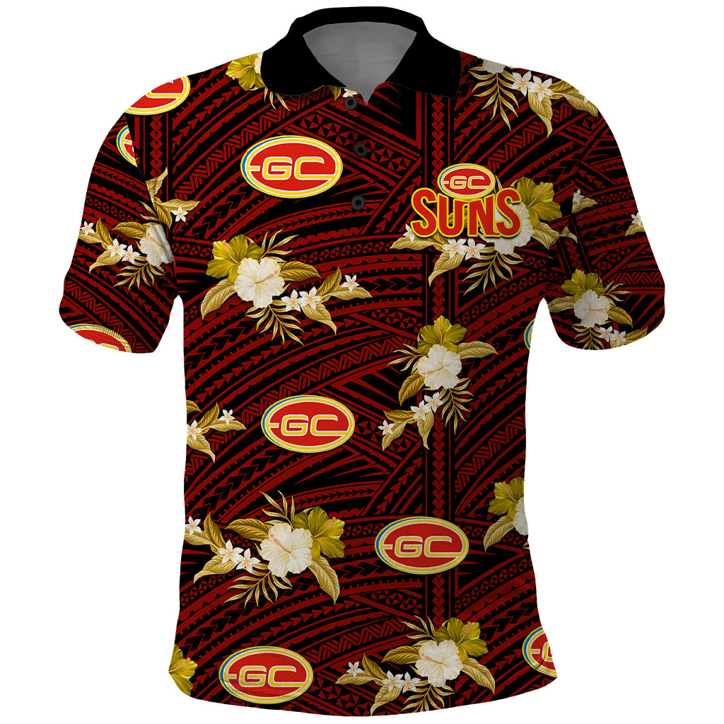 custom-text-and-number-gold-coast-football-polo-shirt-suns-polynesian-tribal-mix-tropical-hawaiian-style