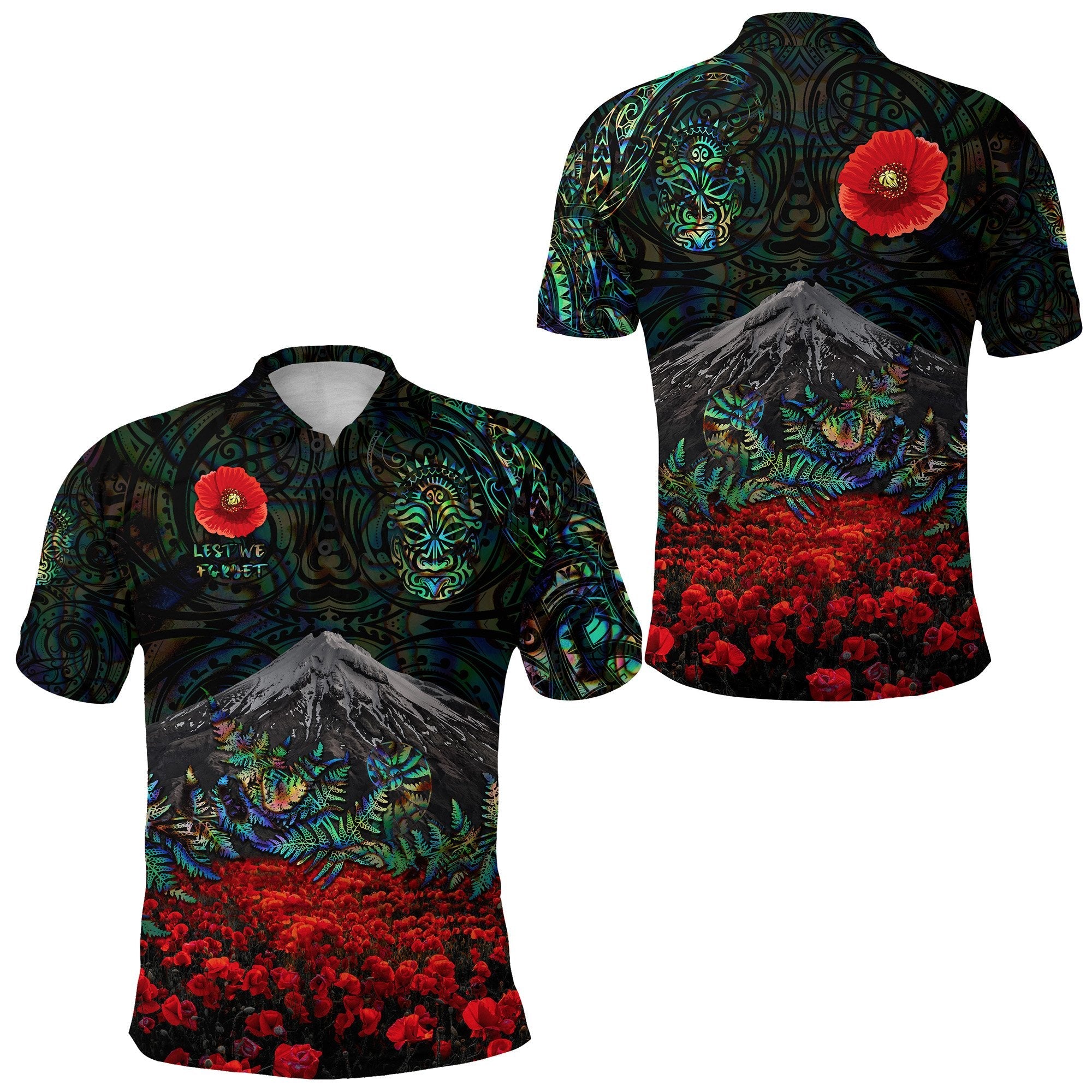 warriors-rugby-polo-shirt-new-zealand-mount-taranaki-with-poppy-flowers-anzac-vibes-paua-shell-1