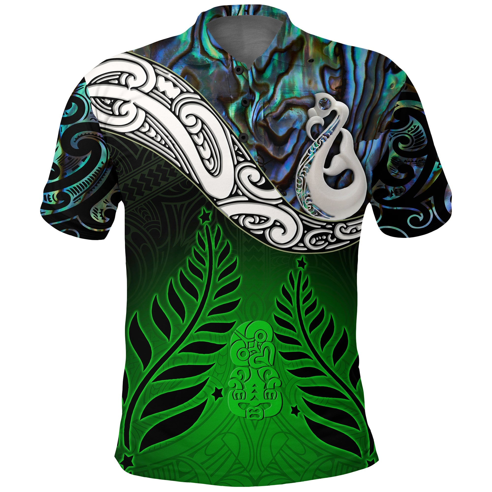 new-zealand-maori-polo-shirt-manaia-paua-shell-glitter-green