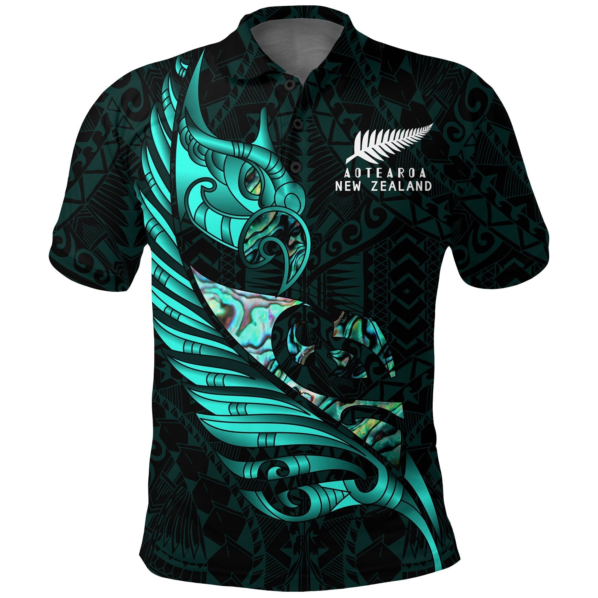 new-zealand-polo-shirt-manaia-paua-fern-wing-turquoise